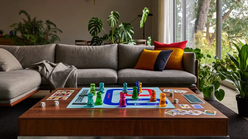 Gioco per famiglie con tabellone colorato, pedine e dadi su un tavolo del soggiorno