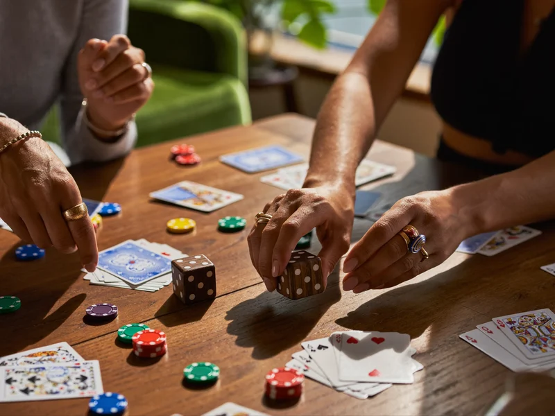Mani di amici sopra il tavolo durante una partita, con dadi e carte in movimento